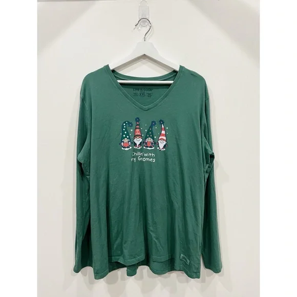Life is Good Long Sleeve Crusher Vee"Chillin' with my Gnomies" Shirt - Picture 1 of 7